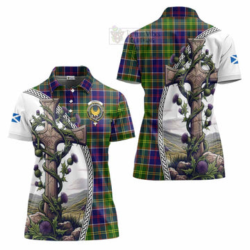 Arnott Tartan Women's Polo Shirt with Family Crest and St. Andrew's Cross Accented by Thistle Vines Women - Tartan Vibes Clothing