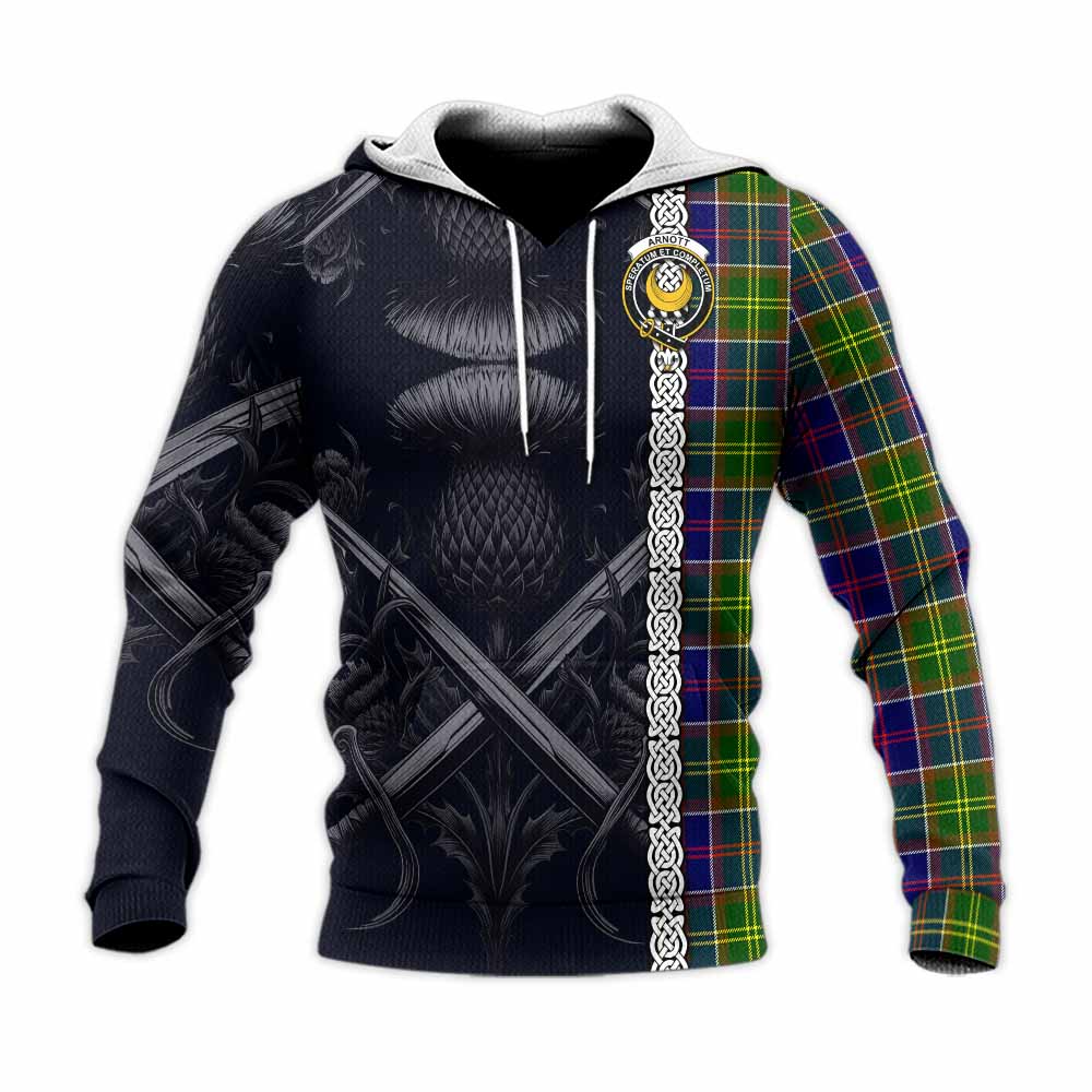 Arnott Tartan Knitted Hoodie with Family Crest Cross Sword Thistle Celtic Vibes Unisex Knitted Pullover Hoodie - Tartan Vibes Clothing