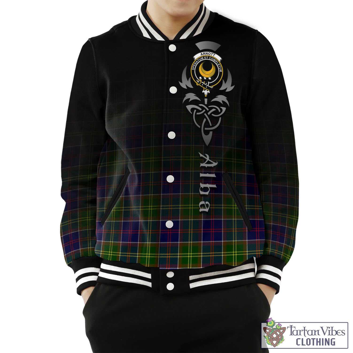 Tartan Vibes Clothing Arnott Tartan Baseball Jacket Featuring Alba Gu Brath Family Crest Celtic Inspired