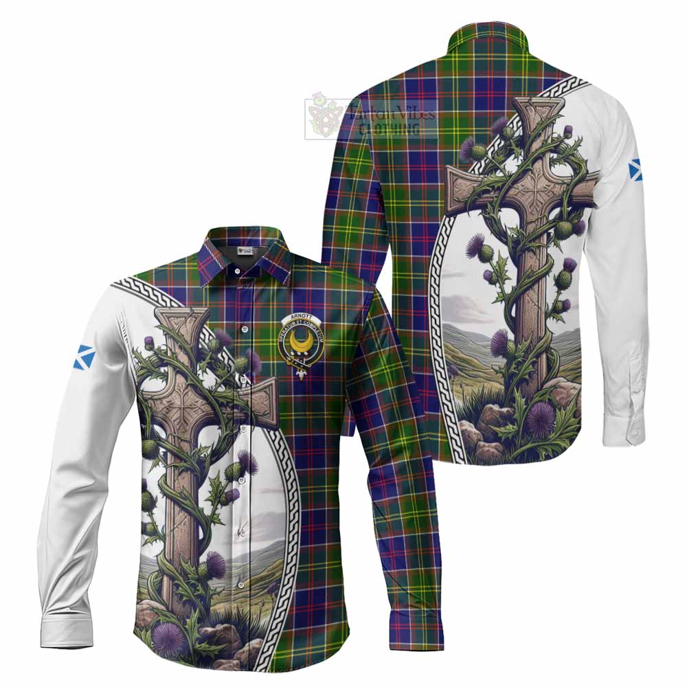Arnott Tartan Long Sleeve Button Shirt with Family Crest and St. Andrew's Cross Accented by Thistle Vines Men's Shirt S - Tartan Vibes Clothing
