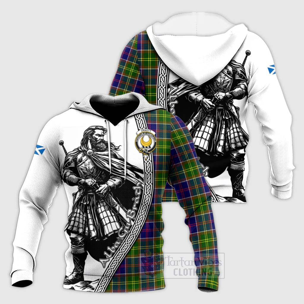 Arnott Tartan Clan Crest Knitted Hoodie with Highlander Warrior Celtic Style Unisex Knitted Pullover Hoodie - Tartan Vibes Clothing