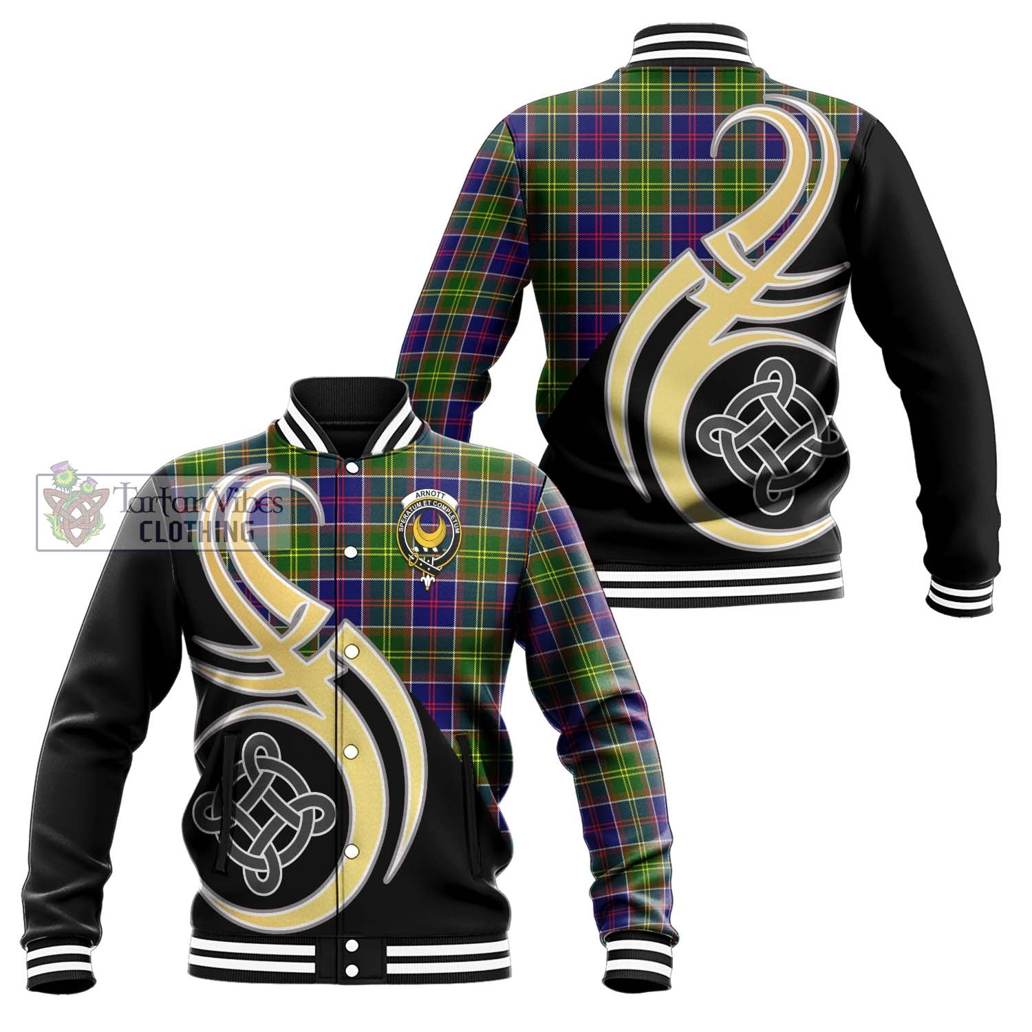 Arnott Tartan Baseball Jacket with Family Crest and Celtic Symbol Style Unisex - Tartan Vibes Clothing