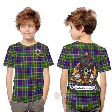 Arnott Tartan Kid T-Shirt with Family Crest and Bearded Skull Holding Bottles of Whiskey Youth XL Size14 - Tartan Vibes Clothing