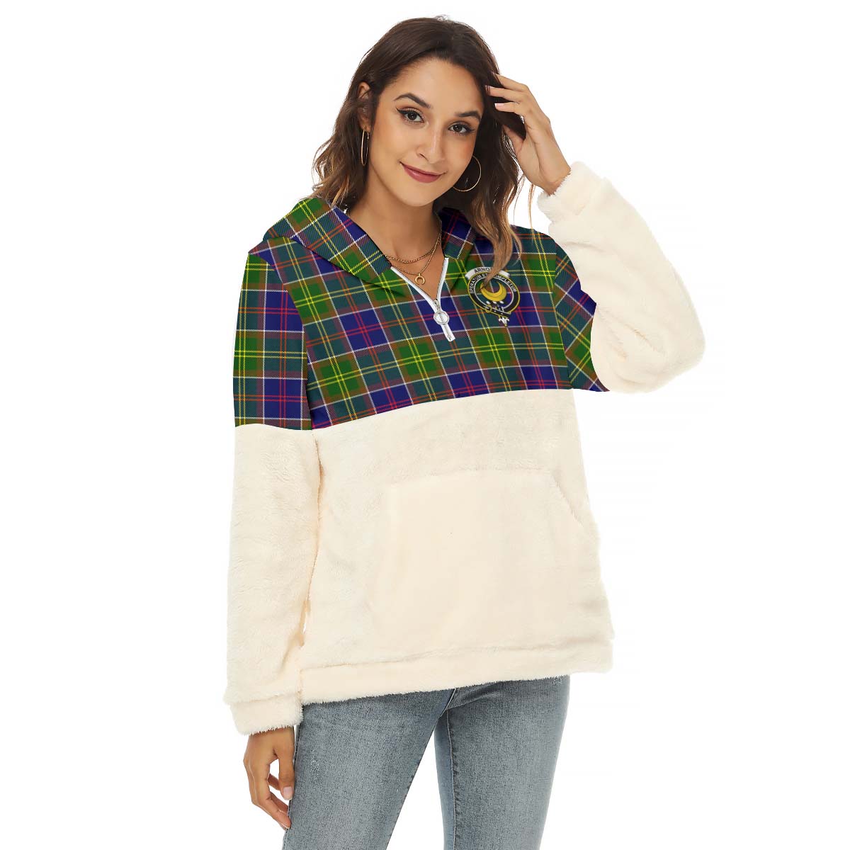 Arnott Tartan Half Style Women's Borg Fleece Hoodie with Half Zip with Family Crest Female - Tartan Vibes Clothing