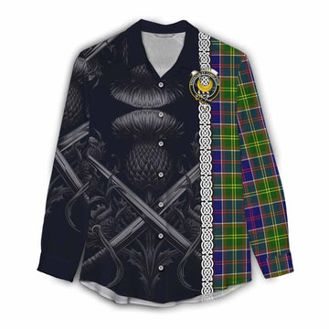 Arnott Tartan Women's Casual Shirt with Family Crest Cross Sword Thistle Celtic Vibes Female - Tartan Vibes Clothing