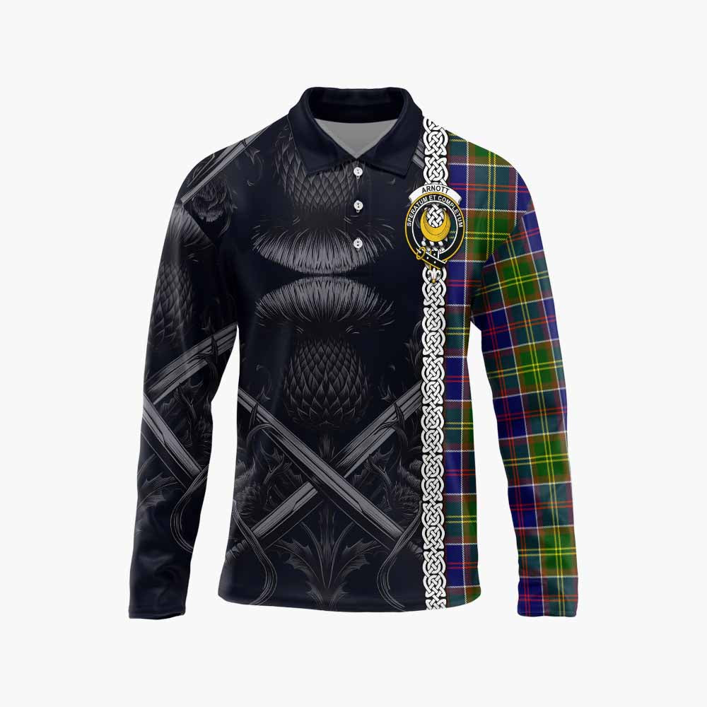 Arnott Tartan Long Sleeve Polo Shirt with Family Crest Cross Sword Thistle Celtic Vibes Unisex - Tartan Vibes Clothing