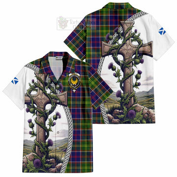 Arnott Tartan Hawaiian Shirt with Family Crest and St. Andrew's Cross Accented by Thistle Vines Kid - Tartan Vibes Clothing