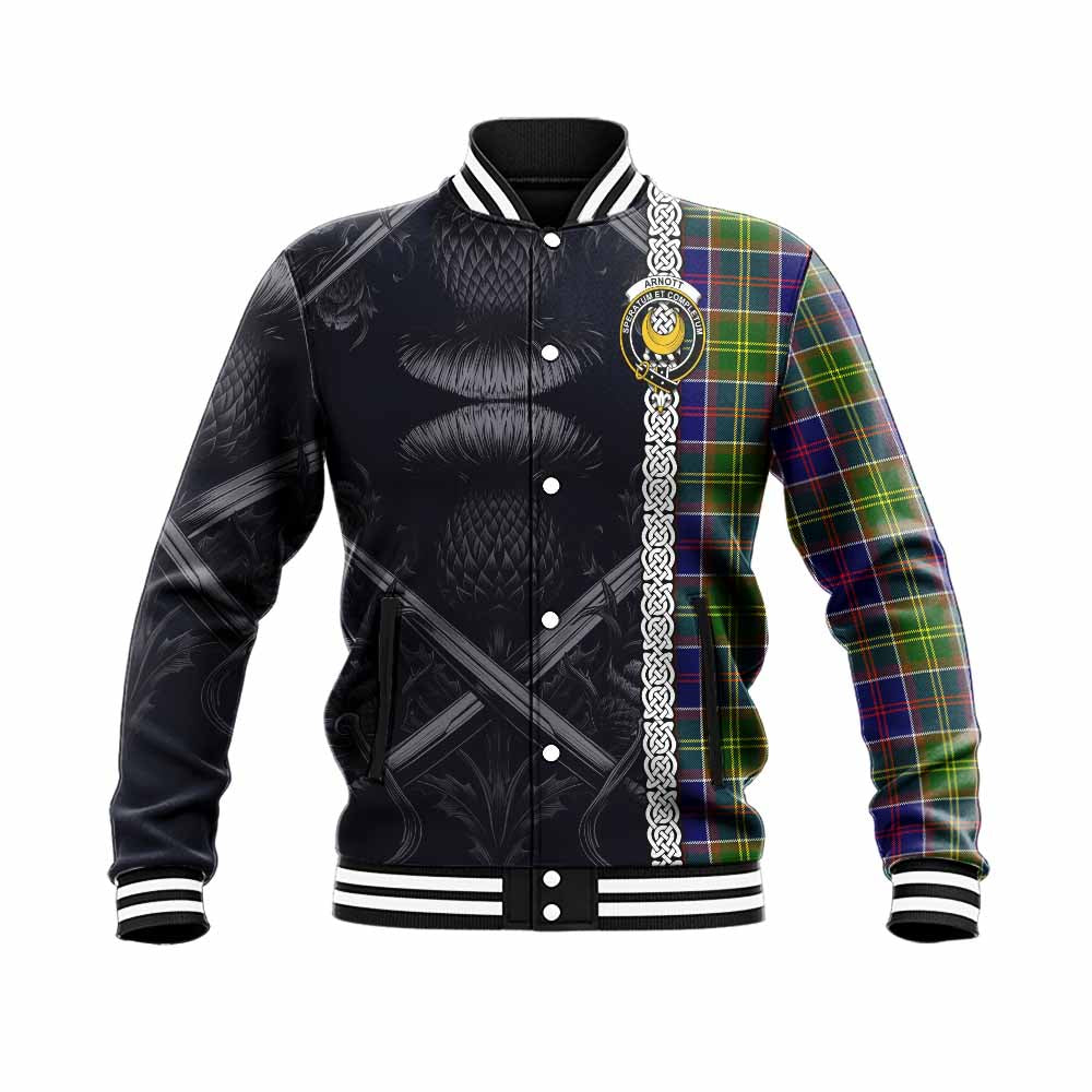 Arnott Tartan Baseball Jacket with Family Crest Cross Sword Thistle Celtic Vibes Unisex - Tartan Vibes Clothing