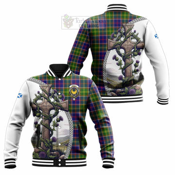 Arnott Tartan Baseball Jacket with Family Crest and St. Andrew's Cross Accented by Thistle Vines Unisex - Tartan Vibes Clothing