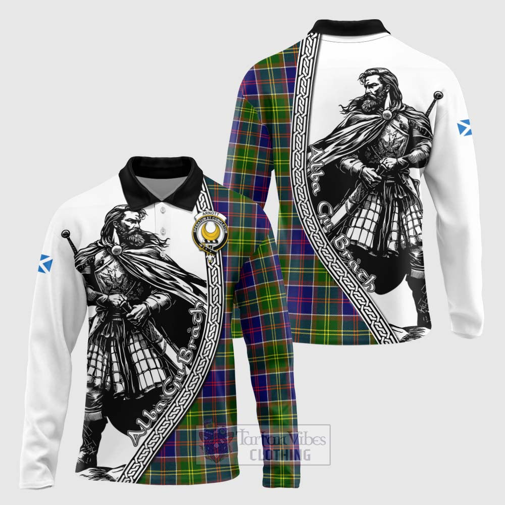 Arnott Tartan Clan Crest Long Sleeve Polo Shirt with Highlander Warrior Celtic Style Unisex - Tartan Vibes Clothing