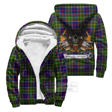 Arnott Tartan Sherpa Hoodie with Family Crest and Bearded Skull Holding Bottles of Whiskey Unisex S - Tartan Vibes Clothing