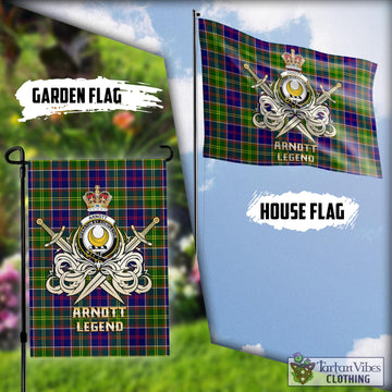Arnott Tartan Flag with Clan Crest and the Golden Sword of Courageous Legacy