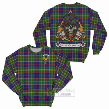 Arnott Tartan Sweatshirt with Family Crest and Bearded Skull Holding Bottles of Whiskey Unisex - Tartan Vibes Clothing