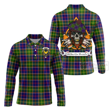 Arnott Tartan Long Sleeve Polo Shirt with Family Crest and Bearded Skull Holding Bottles of Whiskey Unisex - Tartan Vibes Clothing