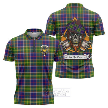 Arnott Tartan Zipper Polo Shirt with Family Crest and Bearded Skull Holding Bottles of Whiskey Unisex - Tartan Vibes Clothing