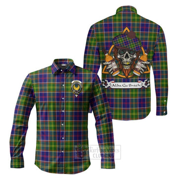 Arnott Tartan Long Sleeve Button Shirt with Family Crest and Bearded Skull Holding Bottles of Whiskey Men's Shirt S - Tartan Vibes Clothing