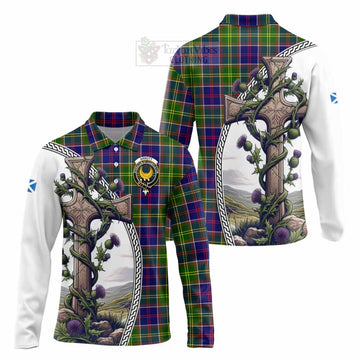 Arnott Tartan Long Sleeve Polo Shirt with Family Crest and St. Andrew's Cross Accented by Thistle Vines Unisex - Tartan Vibes Clothing