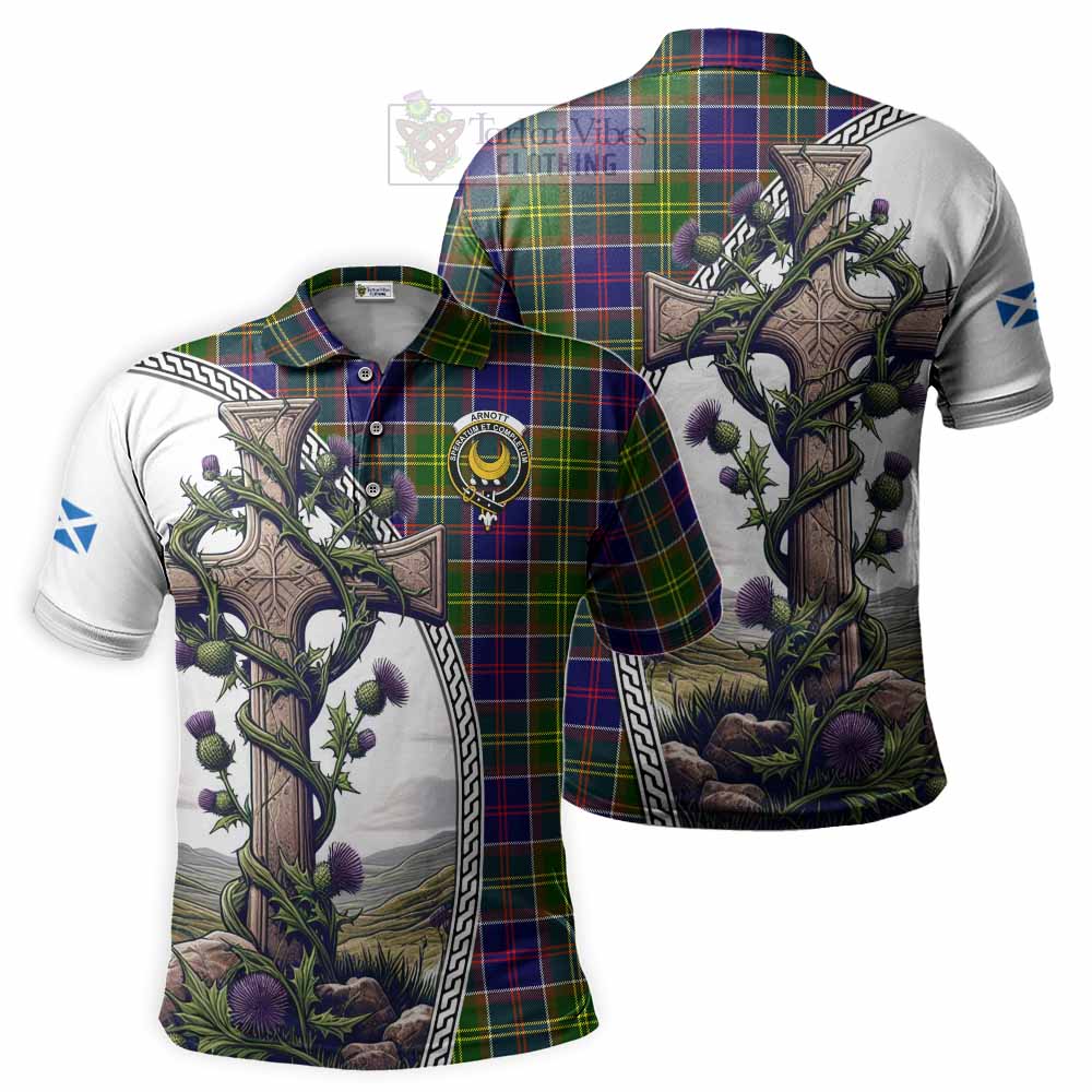Tartan Vibes Clothing Arnott Tartan Polo Shirt with Family Crest and St. Andrew's Cross Accented by Thistle Vines