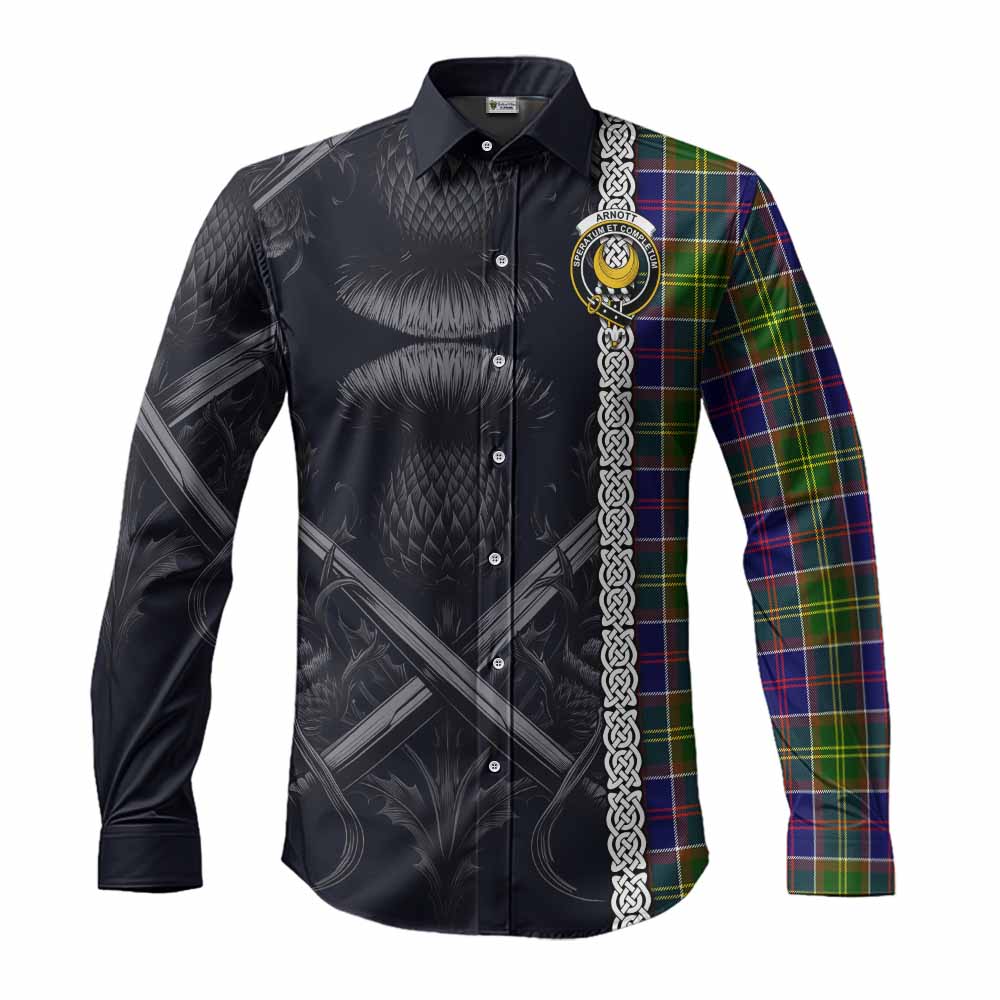 Tartan Vibes Clothing Arnott Tartan Long Sleeve Button Shirt with Family Crest Cross Sword Thistle Celtic Vibes