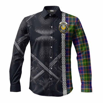 Tartan Vibes Clothing Arnott Tartan Long Sleeve Button Shirt with Family Crest Cross Sword Thistle Celtic Vibes