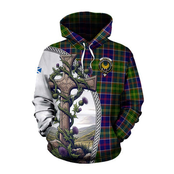 Arnott Tartan Cotton Hoodie with Family Crest and St. Andrew's Cross Accented by Thistle Vines Pullover Hoodie XS - Tartan Vibes Clothing
