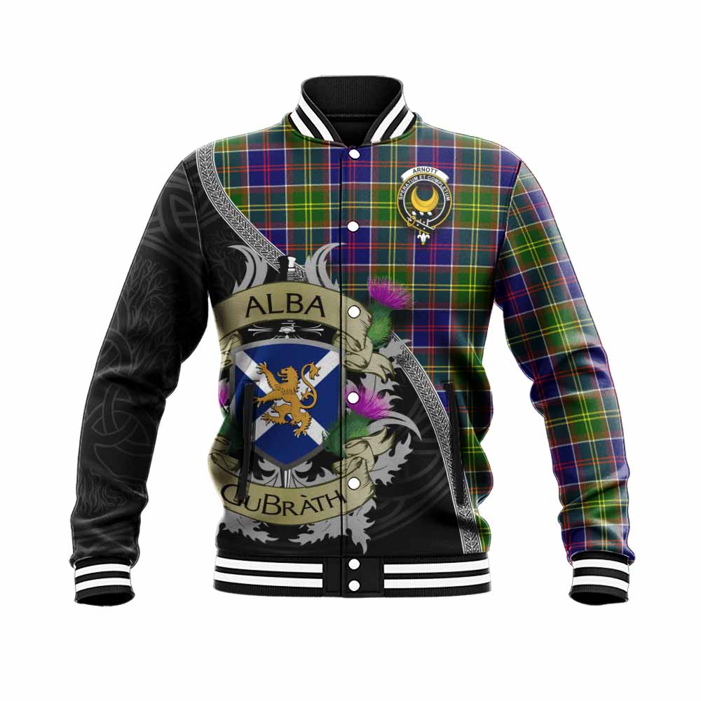Arnott Tartan Family Crest Baseball Jacket Lion Rampant Royal Thistle Shield Celtic Inspired Unisex - Tartan Vibes Clothing