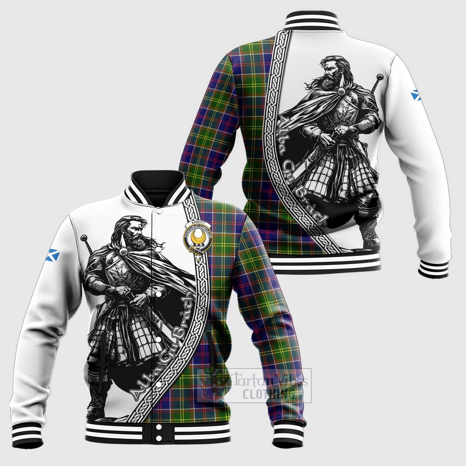 Arnott Tartan Clan Crest Baseball Jacket with Highlander Warrior Celtic Style Unisex - Tartan Vibes Clothing