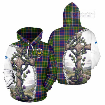 Arnott Tartan Hoodie with Family Crest and St. Andrew's Cross Accented by Thistle Vines Zip Hoodie - Tartan Vibes Clothing