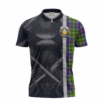 Arnott Tartan Zipper Polo Shirt with Family Crest Cross Sword Thistle Celtic Vibes Unisex - Tartan Vibes Clothing