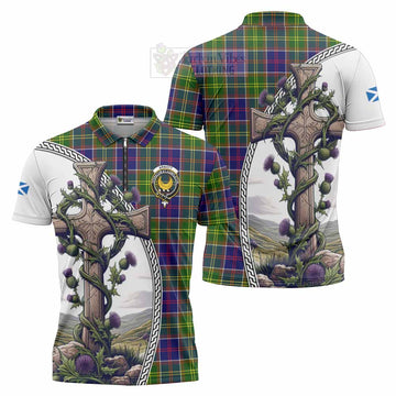 Arnott Tartan Zipper Polo Shirt with Family Crest and St. Andrew's Cross Accented by Thistle Vines Unisex - Tartan Vibes Clothing