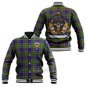 Arnott Tartan Baseball Jacket with Family Crest and Bearded Skull Holding Bottles of Whiskey Unisex - Tartan Vibes Clothing