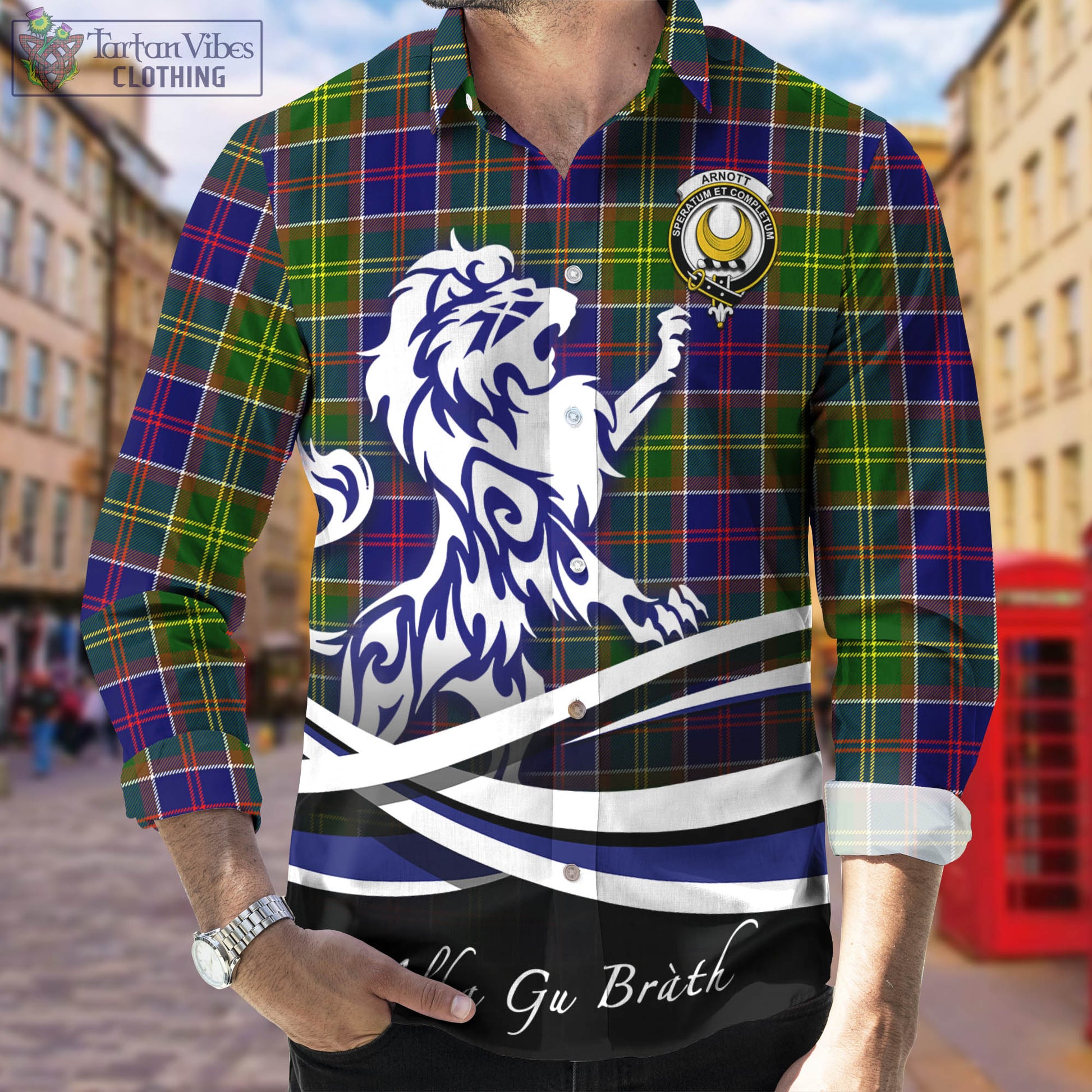 Arnott Tartan Long Sleeve Button Up Shirt with Alba Gu Brath Regal Lion Emblem Men's Shirt - Tartan Vibes Clothing
