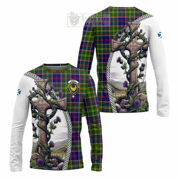 Arnott Tartan Long Sleeve T-Shirt with Family Crest and St. Andrew's Cross Accented by Thistle Vines Unisex - Tartan Vibes Clothing