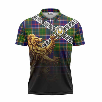 Arnott Crest Tartan Zipper Polo Shirt with Golden Lion Emblem Celtic Style Unisex - Tartan Vibes Clothing