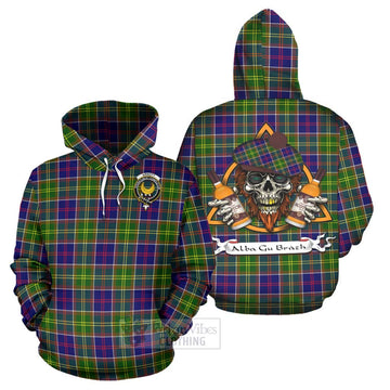 Arnott Tartan Hoodie with Family Crest and Bearded Skull Holding Bottles of Whiskey Zip Hoodie - Tartan Vibes Clothing