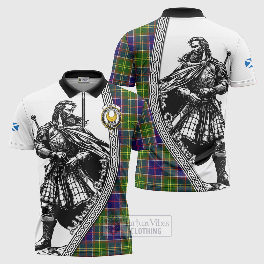 Arnott Tartan Clan Crest Zipper Polo Shirt with Highlander Warrior Celtic Style Unisex - Tartan Vibes Clothing