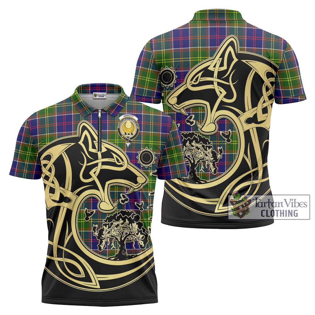 Arnott Tartan Zipper Polo Shirt with Family Crest Celtic Wolf Style Unisex - Tartan Vibes Clothing