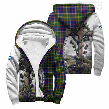 Arnott Tartan Sherpa Hoodie with Family Crest and St. Andrew's Cross Accented by Thistle Vines Unisex S - Tartan Vibes Clothing