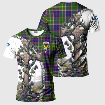 Tartan Vibes Clothing Arnott Agnew Tartan T-Shirt with Family Crest and St. Andrew's Cross Accented by Thistle Vines