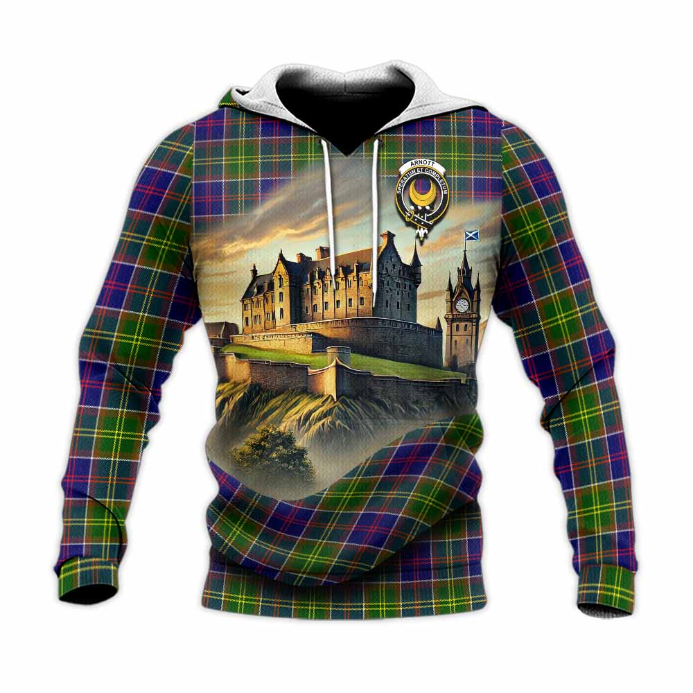 Arnott Tartan Family Crest Knitted Hoodie with Scottish Ancient Castle Style Unisex Knitted Pullover Hoodie - Tartan Vibes Clothing