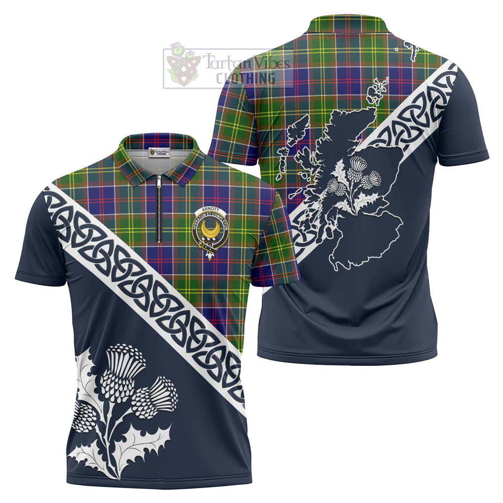 Arnott Tartan Zipper Polo Shirt Featuring Thistle and Scotland Map Unisex - Tartanvibesclothing Store