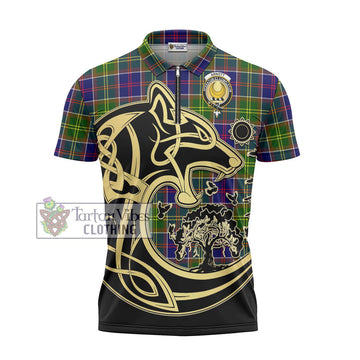 Arnott Tartan Zipper Polo Shirt with Family Crest Celtic Wolf Style - Tartan Vibes Clothing