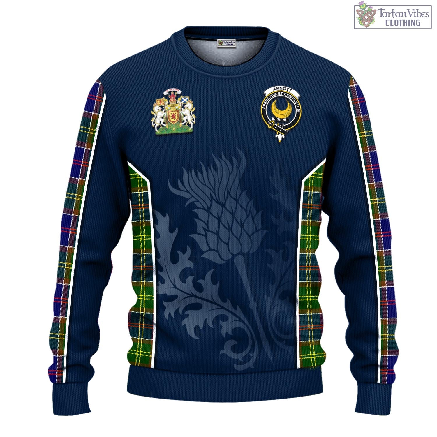 Arnott Tartan Knitted Sweatshirt with Family Crest and Scottish Thistle Vibes Sport Style - Tartan Vibes Clothing