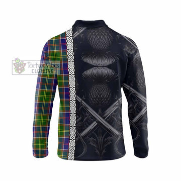 Arnott Tartan Long Sleeve Polo Shirt with Family Crest Cross Sword Thistle Celtic Vibes - Tartan Vibes Clothing
