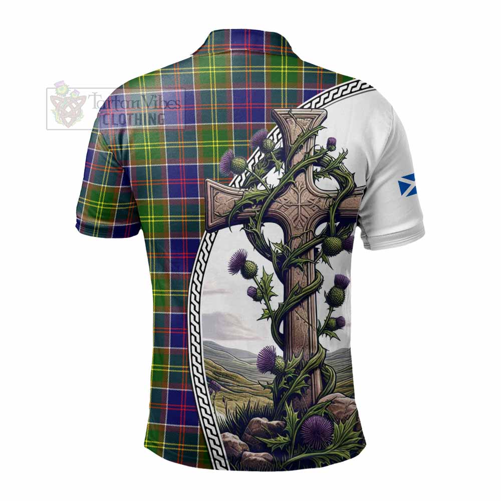 Tartan Vibes Clothing Arnott Tartan Polo Shirt with Family Crest and St. Andrew's Cross Accented by Thistle Vines