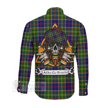 Arnott Tartan Long Sleeve Button Shirt with Family Crest and Bearded Skull Holding Bottles of Whiskey Men's Shirt - Tartan Vibes Clothing