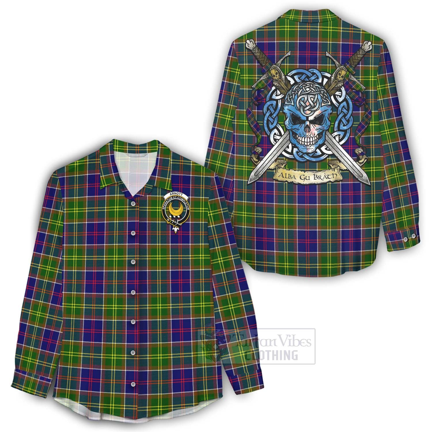 Arnott Tartan Women's Casual Shirt with Family Crest Celtic Skull Style - Tartan Vibes Clothing