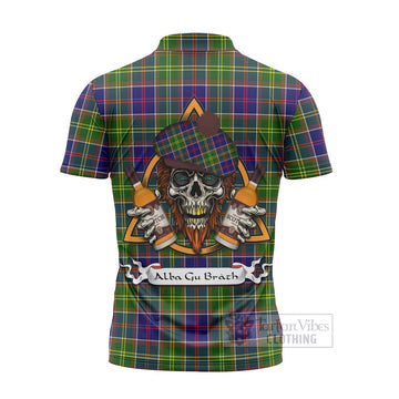Arnott Tartan Zipper Polo Shirt with Family Crest and Bearded Skull Holding Bottles of Whiskey - Tartan Vibes Clothing