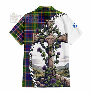 Arnott Tartan Hawaiian Shirt with Family Crest and St. Andrew's Cross Accented by Thistle Vines - Tartan Vibes Clothing