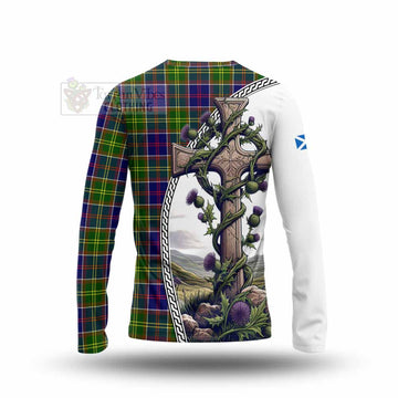 Arnott Tartan Long Sleeve T-Shirt with Family Crest and St. Andrew's Cross Accented by Thistle Vines - Tartan Vibes Clothing